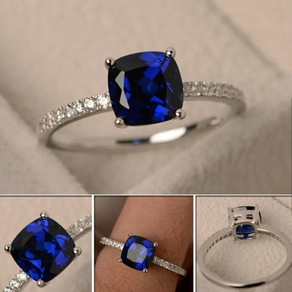 Dainty Dark Blue Sapphire Cushion Cut Silver Ring - Picture 7 of 7
